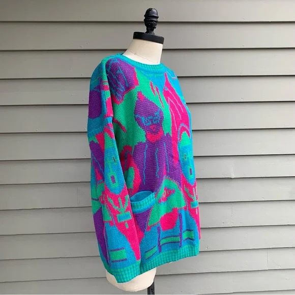 Vintage 80s People Faces Multicolor Kitschy Novelty AOP Sweater - Picture 11 of 16